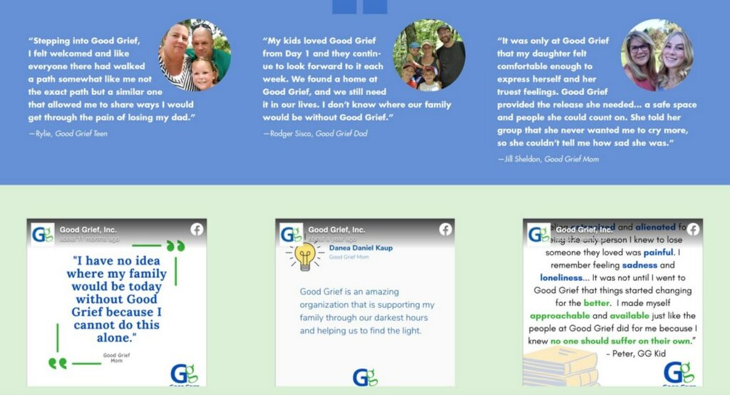 Image of a website with two sections. Top section has blue background and three columns of testimonials with personal photos.