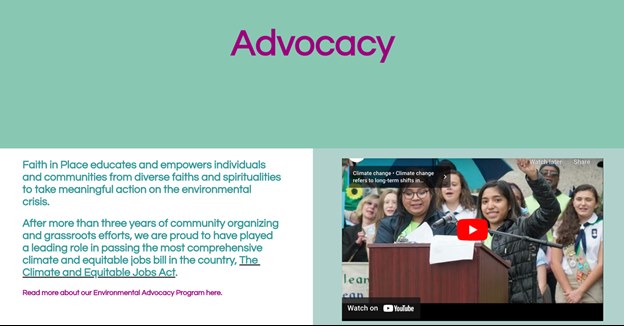 Screenshot of Faith in Place website with section on advocacy and video of students at a podium.
