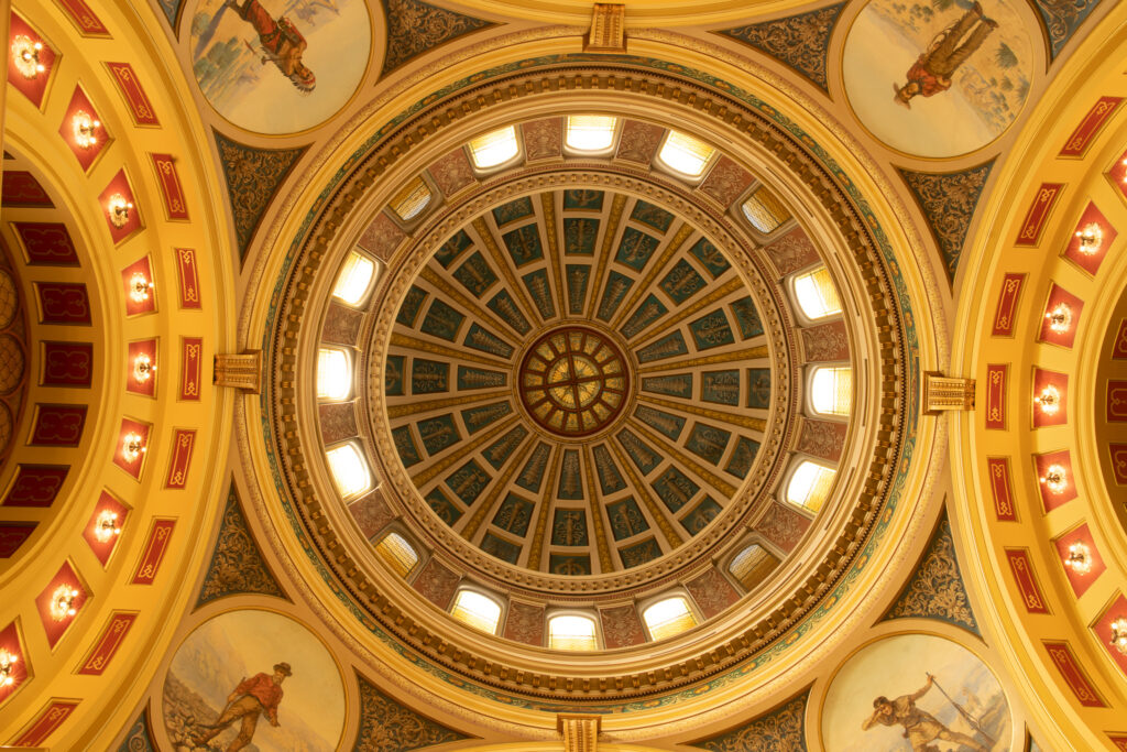 An ornate dome with concentric circles, viewed from below.